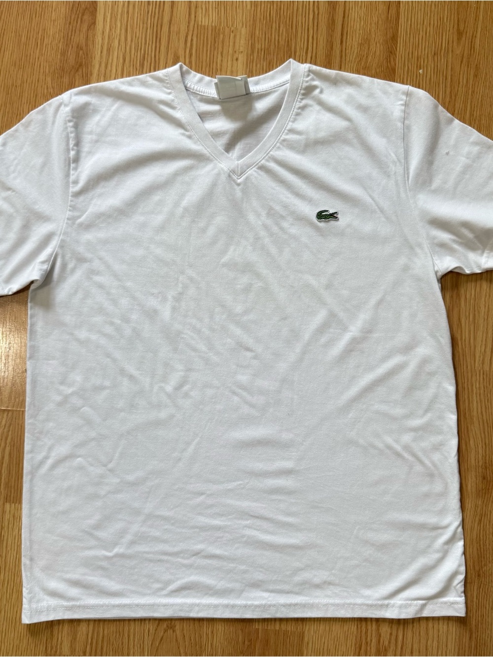 Lacoste White V Neck T Shirt Crocodile Logo Large